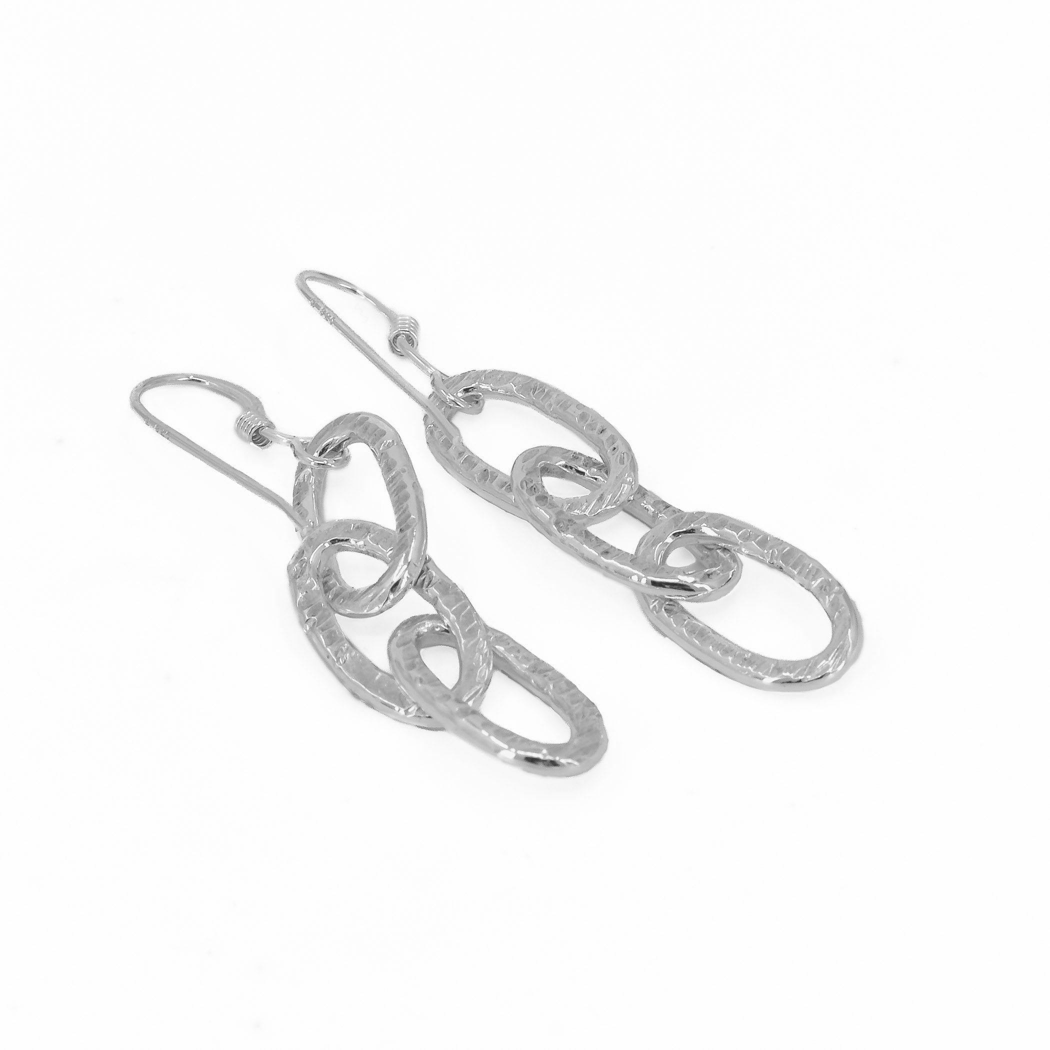 Birch tree bark textured sterling silver drop earrings side view