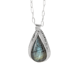 green statement pendant featuring a green labradorite stone, hanging on a paperclip style chain