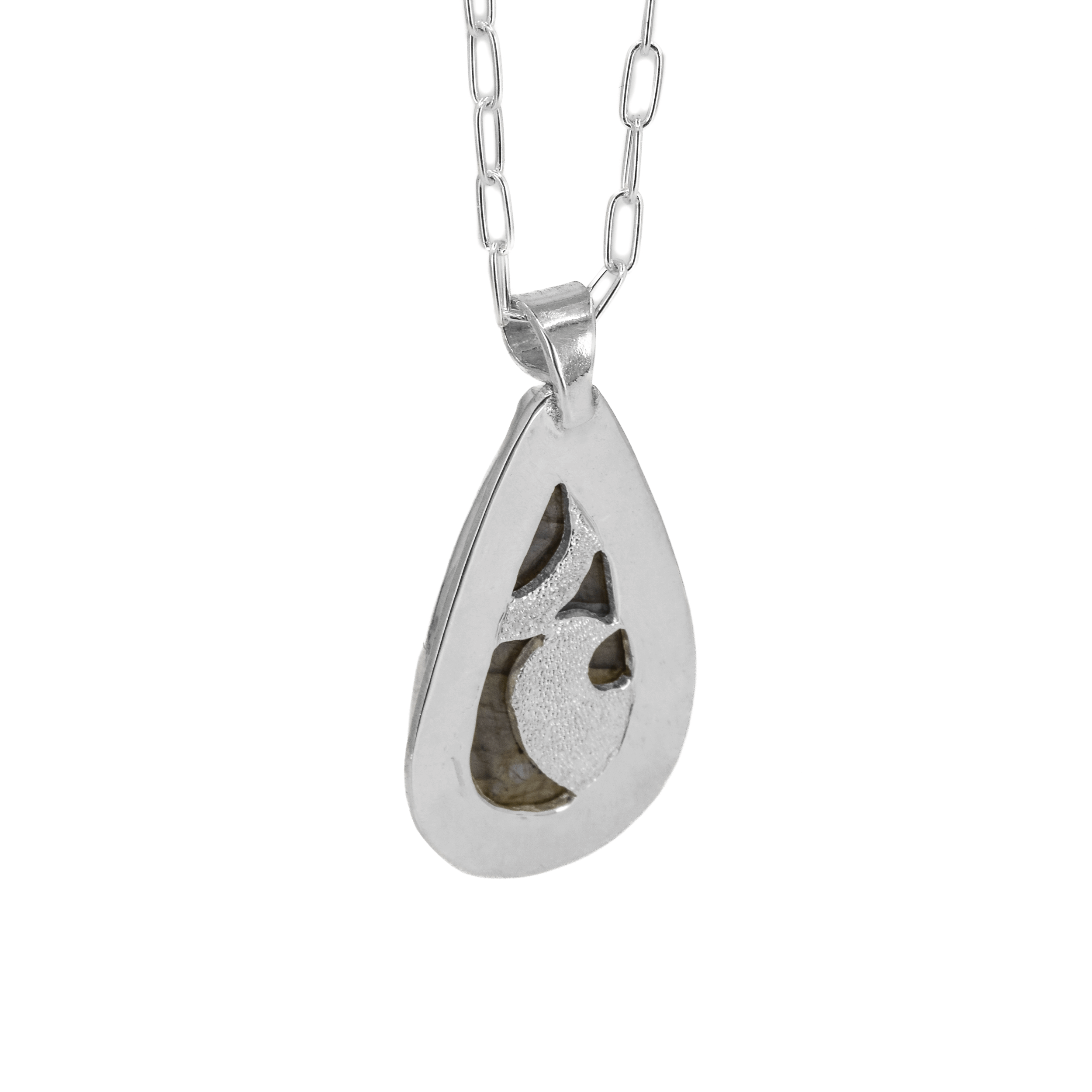 pierced back with a design of a green statement pendant featuring a green labradorite stone, hanging on a paperclip style chain
