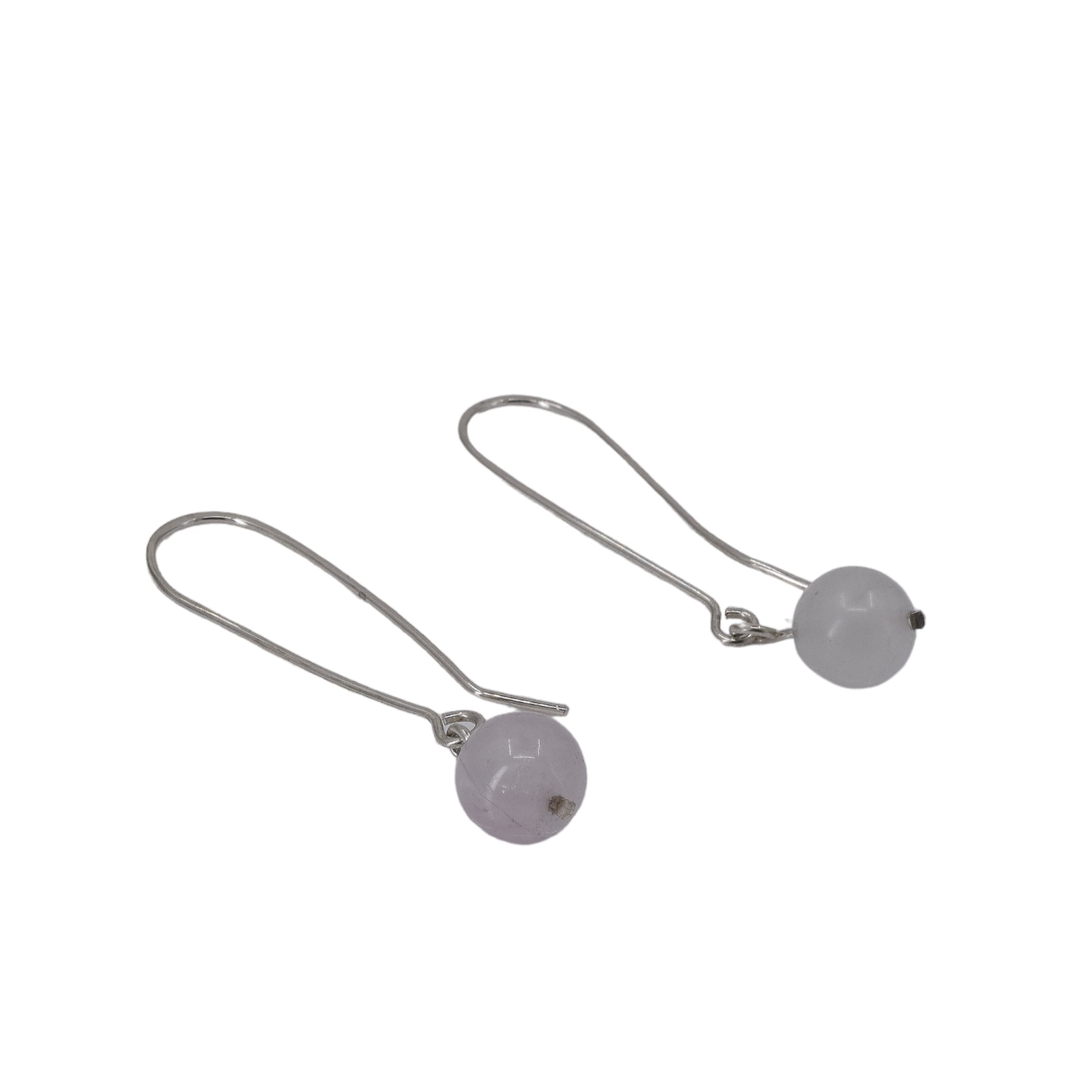 Long dangle sterling silver earrings with an 8mm round morganite bead in a light pink color