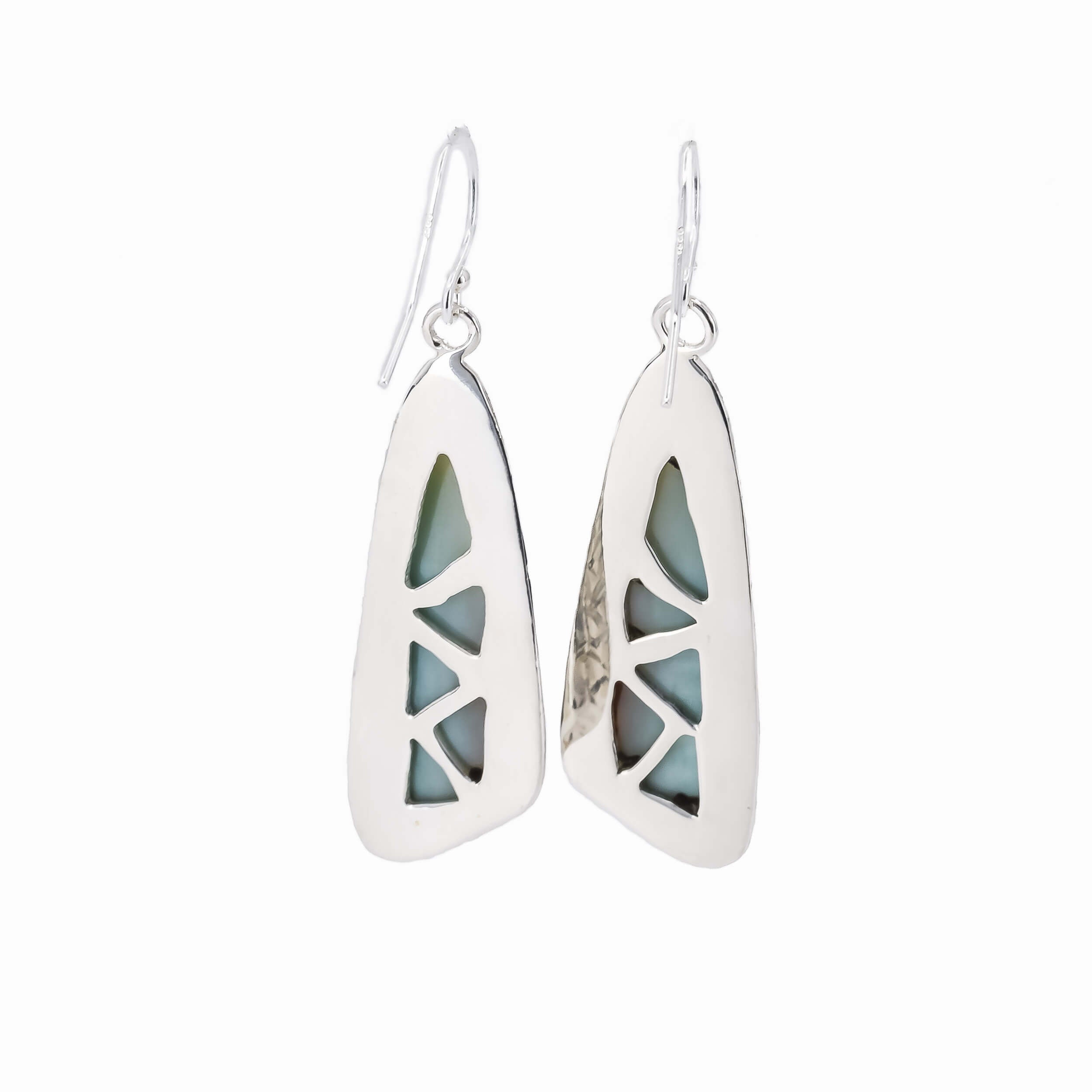 Back of petrified wood opal dangle earrings sterling silver triangular shaped with a hand textured border around the stones.
