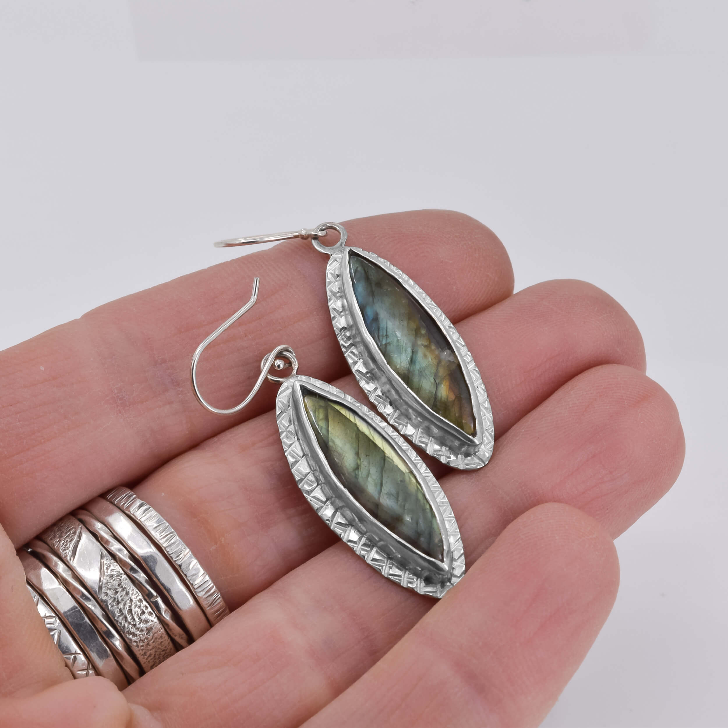 Sterling Silver Labradorite Dangle Earrings Shown in Hand for Scale