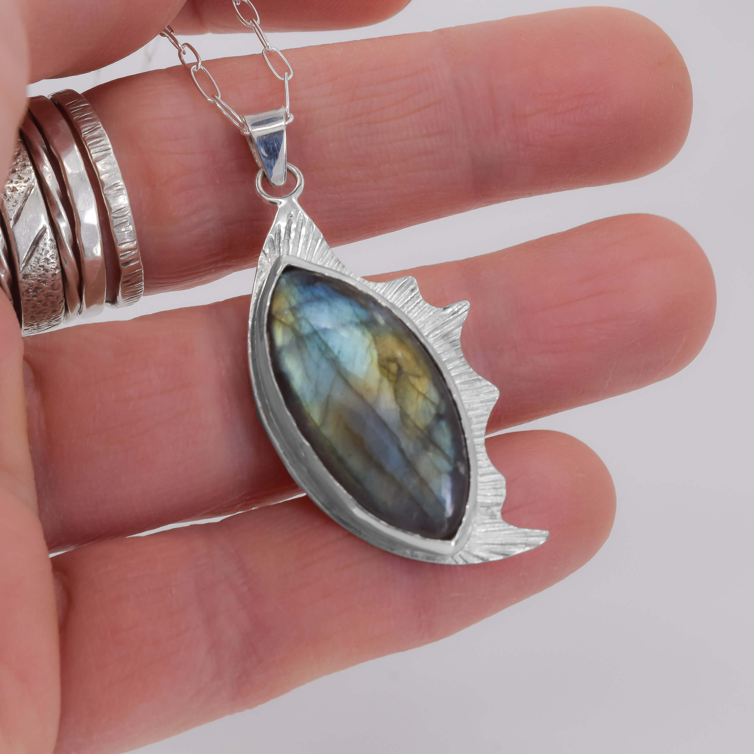 Sterling Silver Labradorite Pendant I held in hand for scale