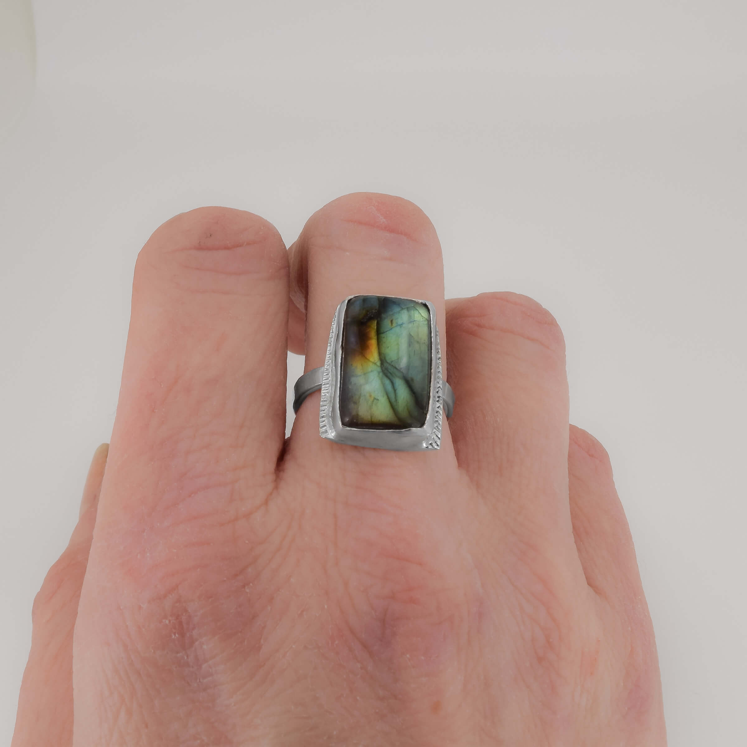 Sterling Silver Labradorite Ring IV Worn on FInger
