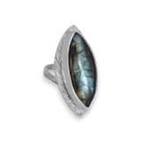 Sterling Silver Labradorite Ring Marquise Stone with a grain textured border