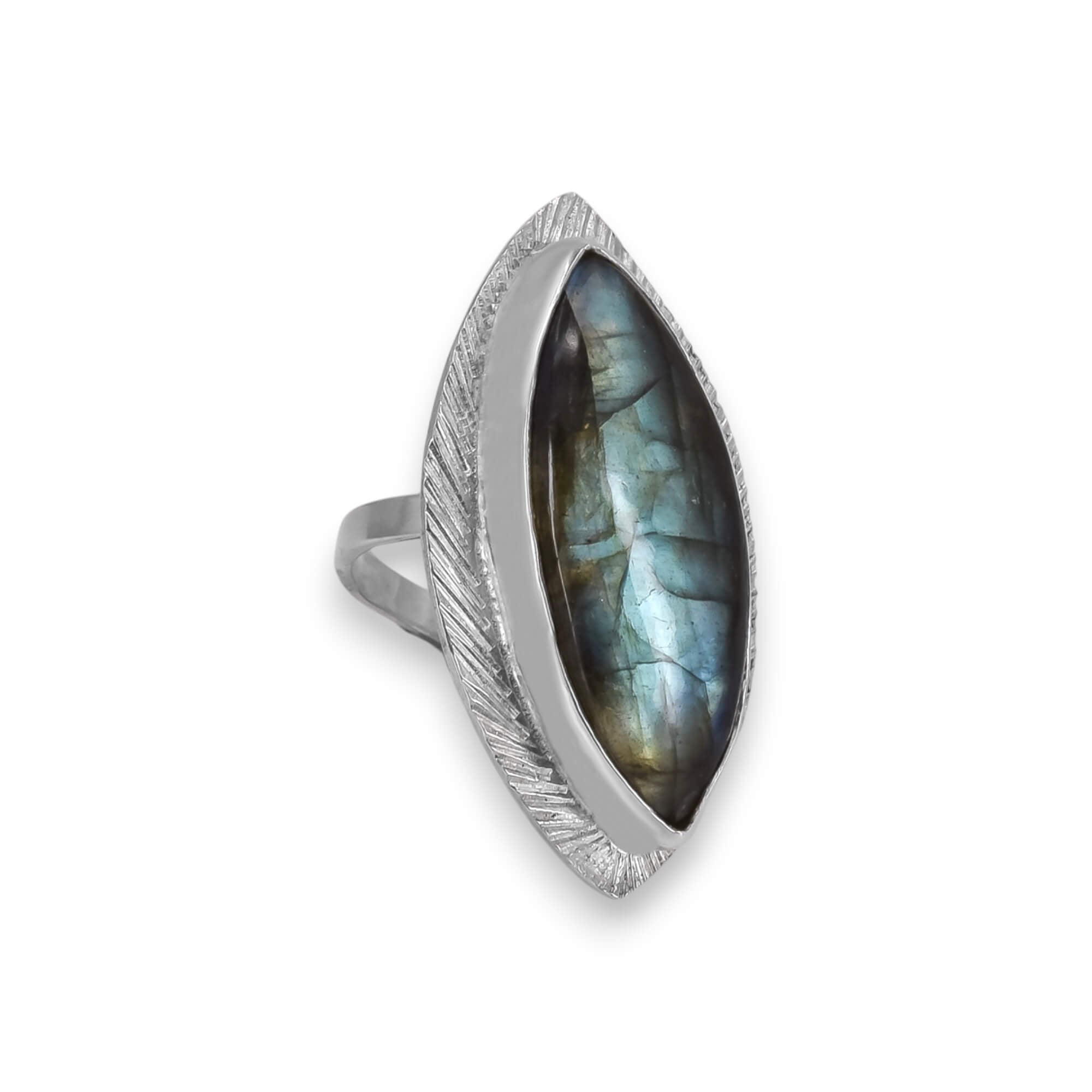 Sterling Silver Labradorite Ring Marquise Stone with a grain textured border