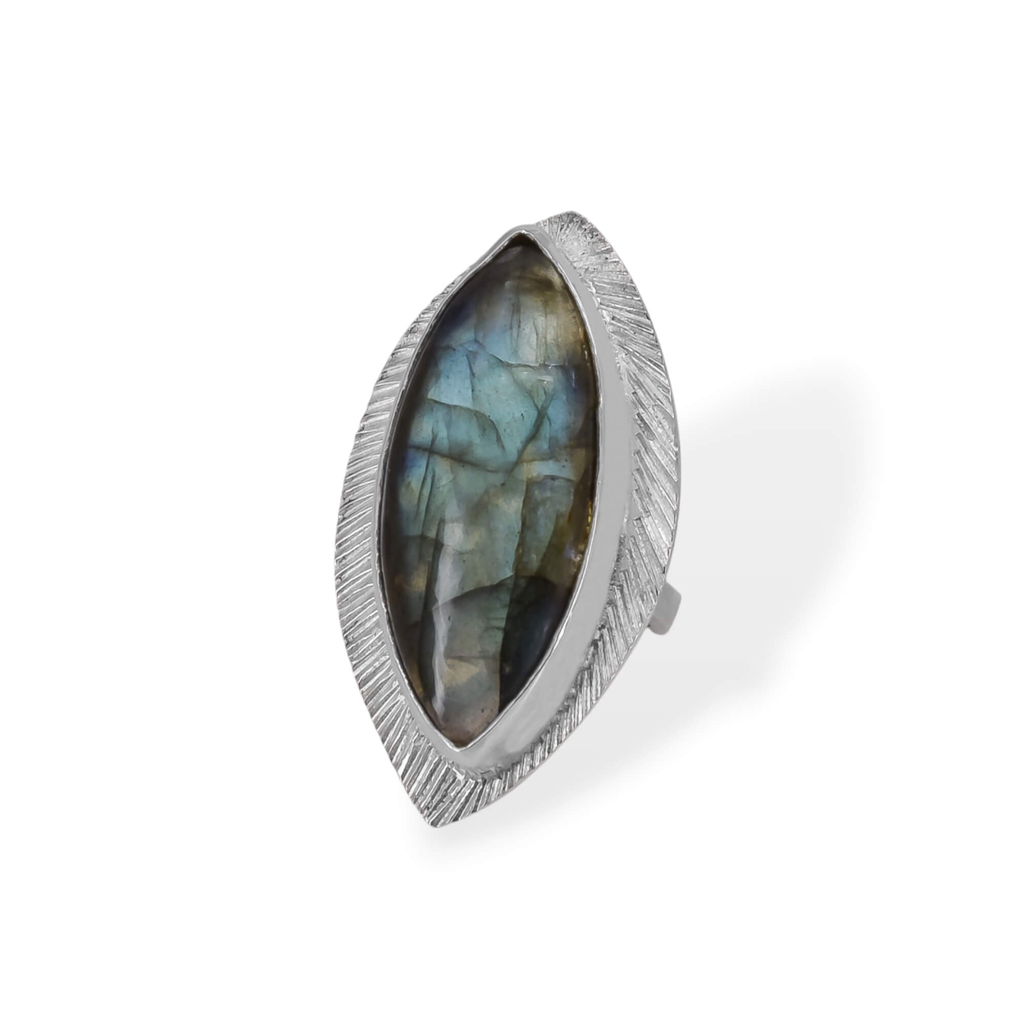 Sterling Silver Labradorite Ring Marquise Stone with a grain textured border