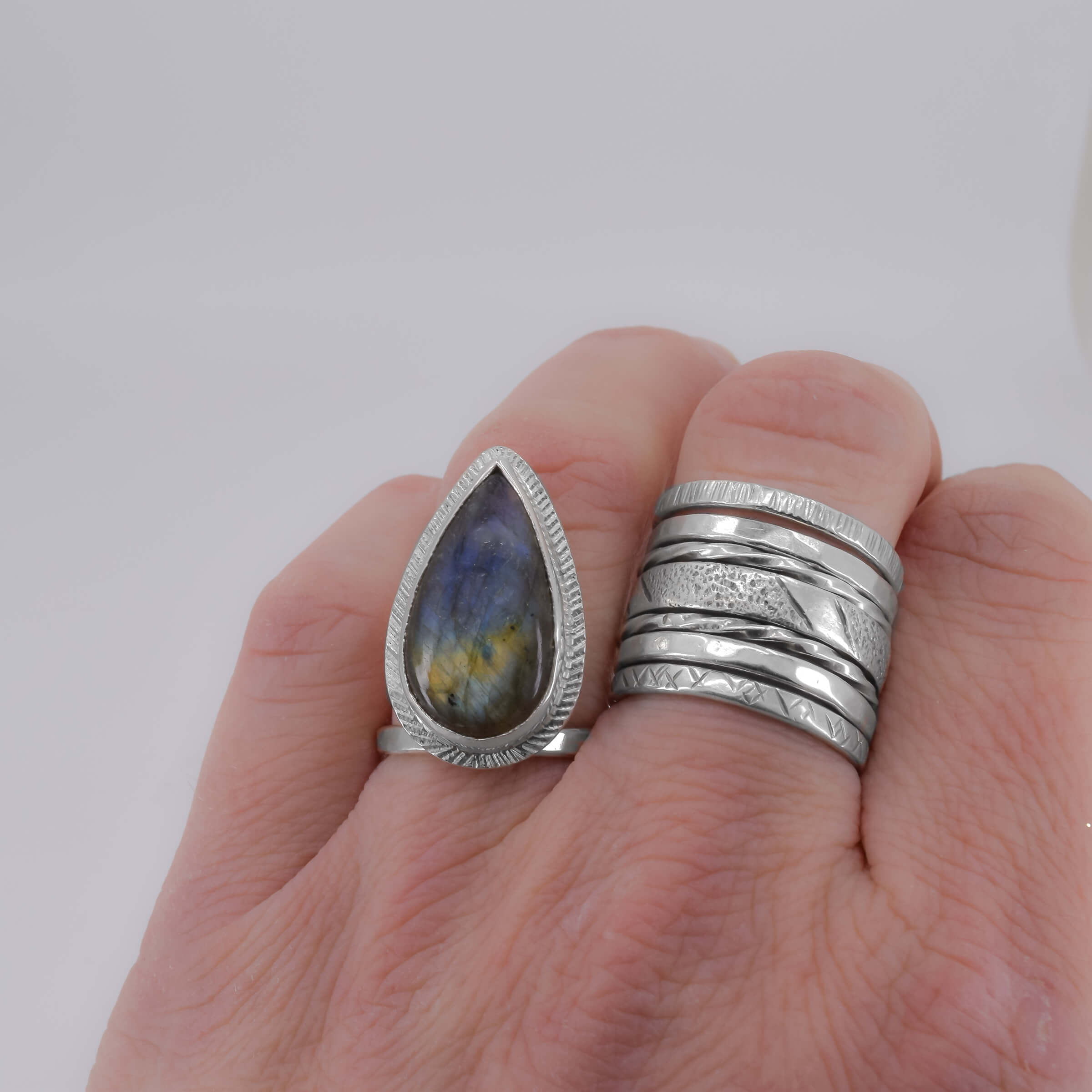 Sterling Silver Labradorite Ring Teardrop Shape worn on finger