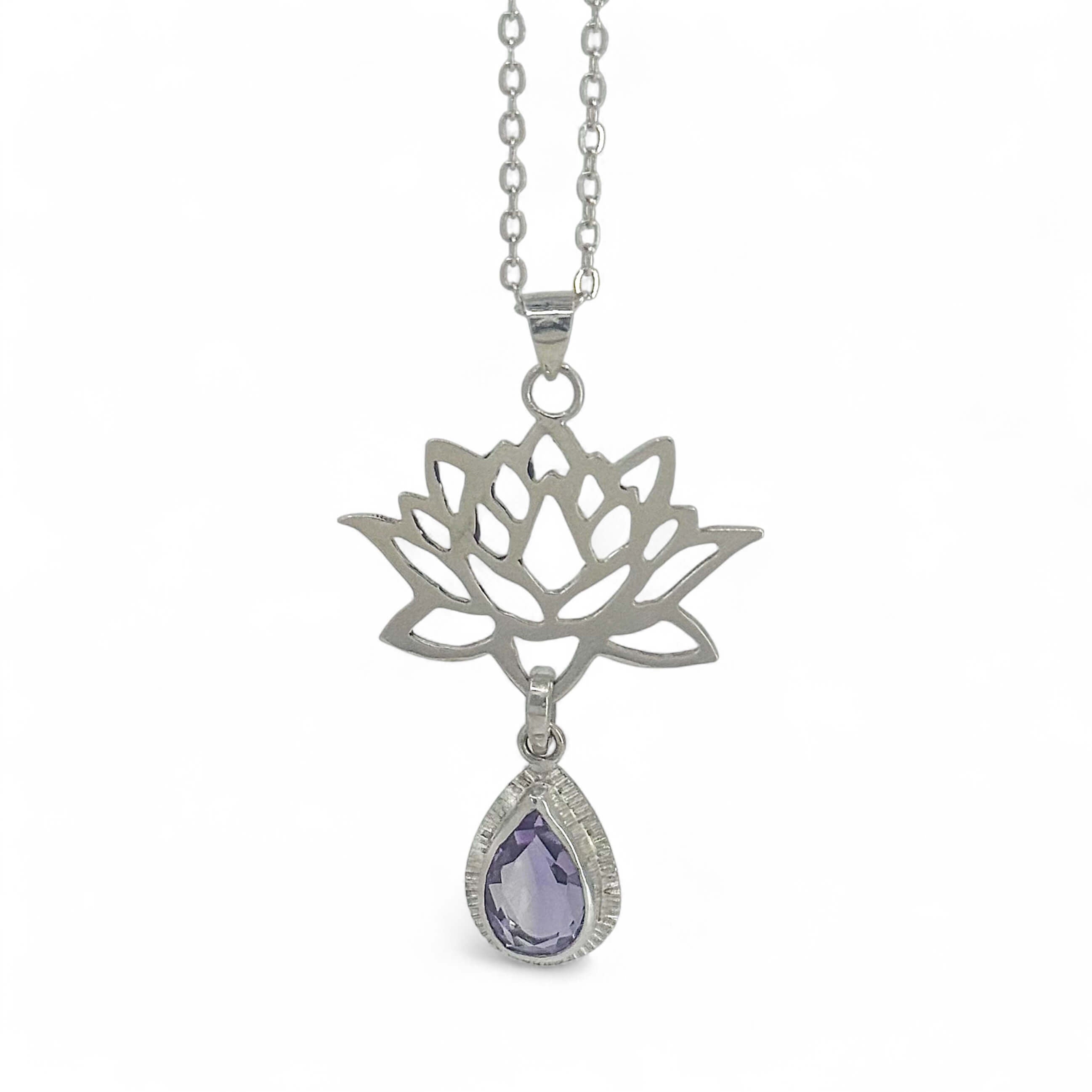 Sterling Silver Lotus Flower Pendant with Amethyst Gemstone