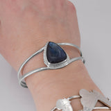 Triangular Labradorite Cuff Bracelet in Sterling Silver Worn on Wrist