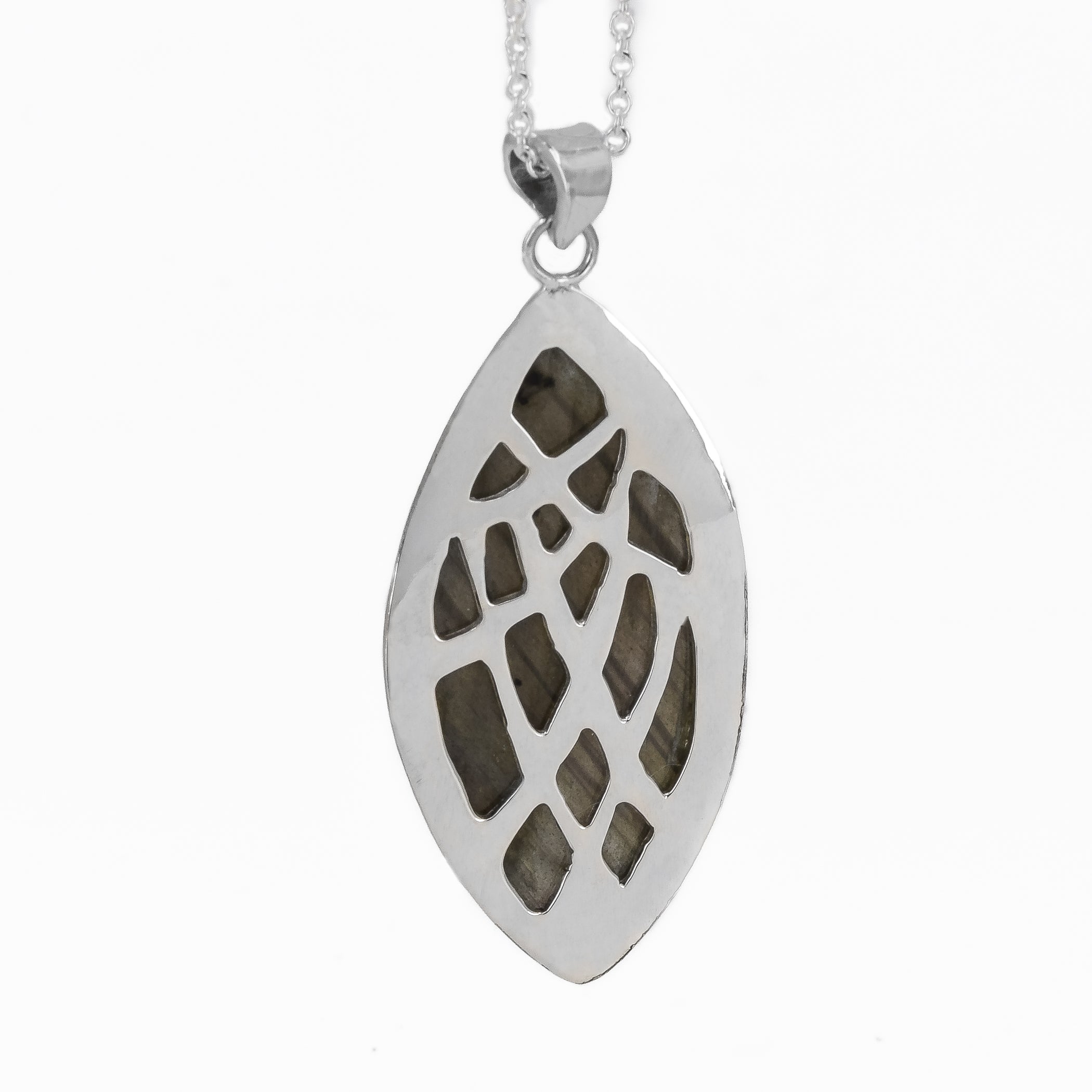 Yellow and green labradorite sterling silver pendant necklace back view of the pierced design.