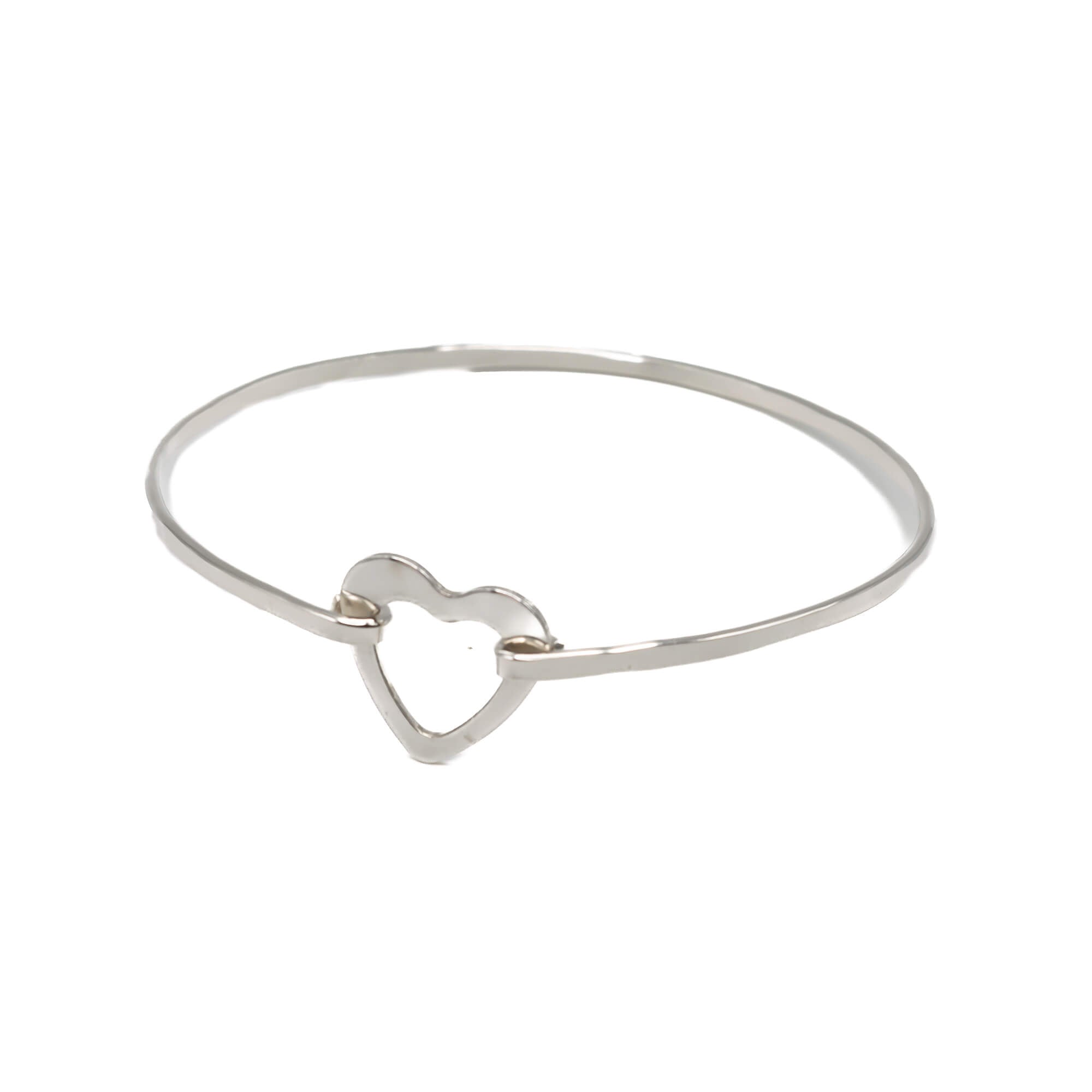 minimalist open heart bangle bracelet in sterling silver front view
